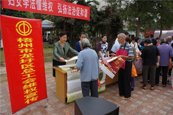 龍圩區(qū)總工會(huì)在2015年3月開展迎&ldquo;三八&rdquo;婦女維權(quán)月普法活動(dòng)，以&ldquo;婦女法治懂維權(quán)，頌揚(yáng)法治促和諧&rdquo;為指導(dǎo)思想，開展了以&ldquo;
