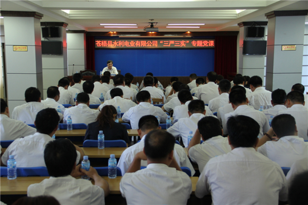 6月5日，蒼梧縣水利電業(yè)有限公司開展 &ldquo;三嚴(yán)三實(shí)&rdquo;專題教育黨課暨黨風(fēng)廉政教育培訓(xùn)，黨課邀請(qǐng)蒼梧縣人民檢察副檢察長莫孔文為